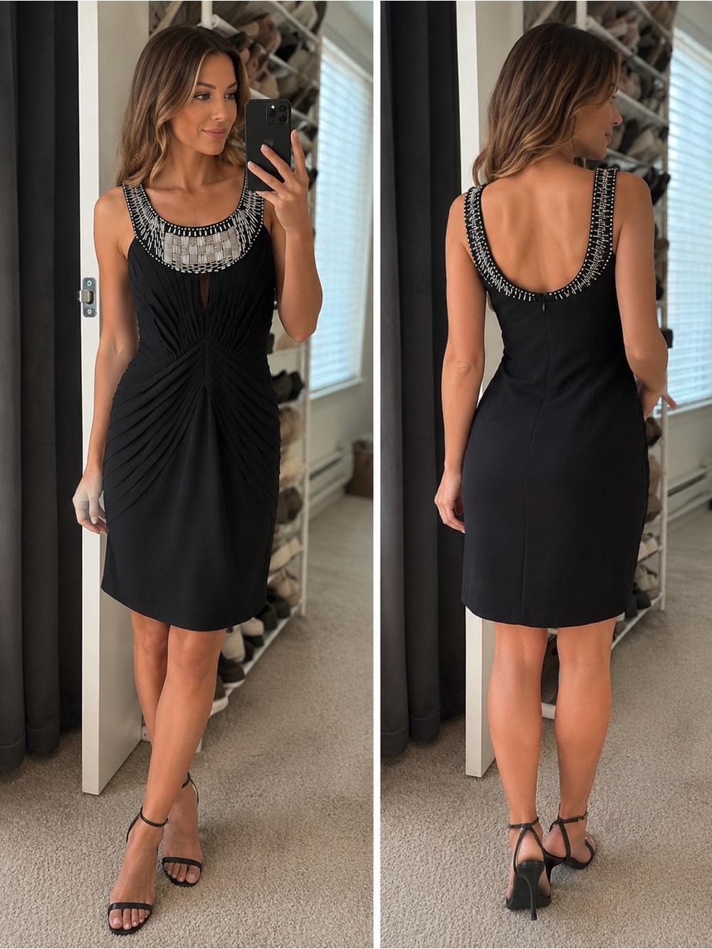 Sue Wong Black Midi Dress with Beaded Ivory Neckline